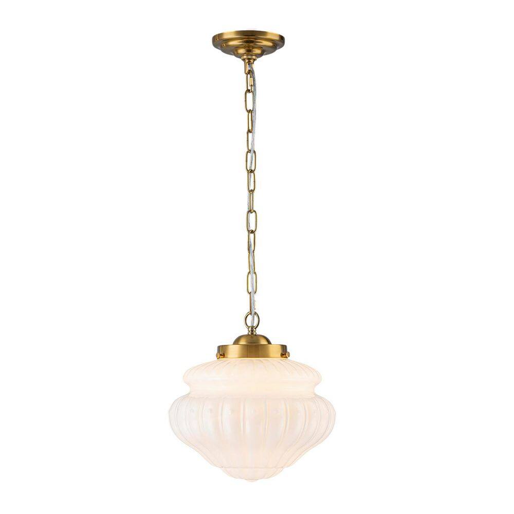 12 in. 1-Light Mid-Century Modern Brass Schoolhouse Fluted Milk Glass Pendant Light price history on PriceWatchPro