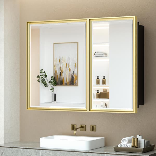 KeonJinn 40 in. W x 30 in. H Rectangular Aluminum Alloy Gold Framed Recessed/Surface Mount Medicine Cabinet with Mirror