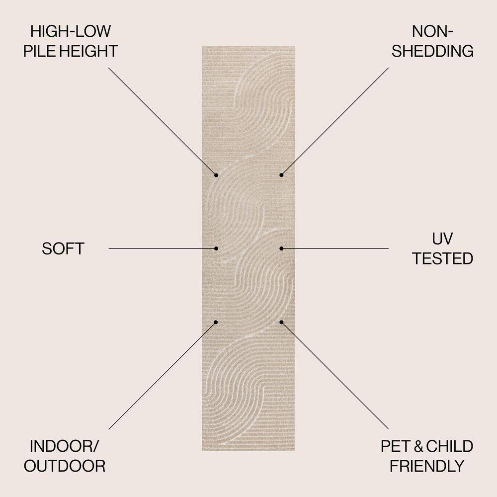 Beige and Cream Geometric High-Low 2 x 8 Runner Rug