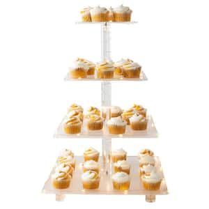 4-Tier Clear Acrylic Square Cupcake Display and Cake Stand with Yellow LED Lights