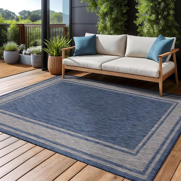 Essence Navy/Silver 9 ft. x 12 ft. Bordered Easy to Clean Indoor Outdoor Area Rug
