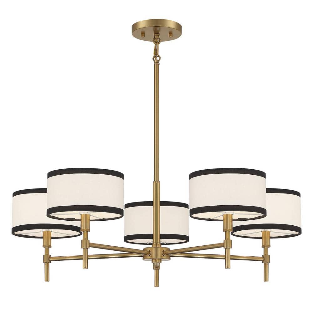 Meridian Classic 5-Light Chandelier in Natural Brass with Two-Tone Drum Shades