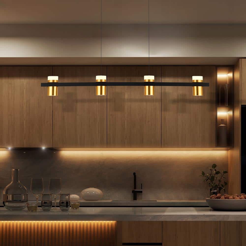 Ferro 34" Black Crystal LED Linear Chandelier with Gold Spotlights
