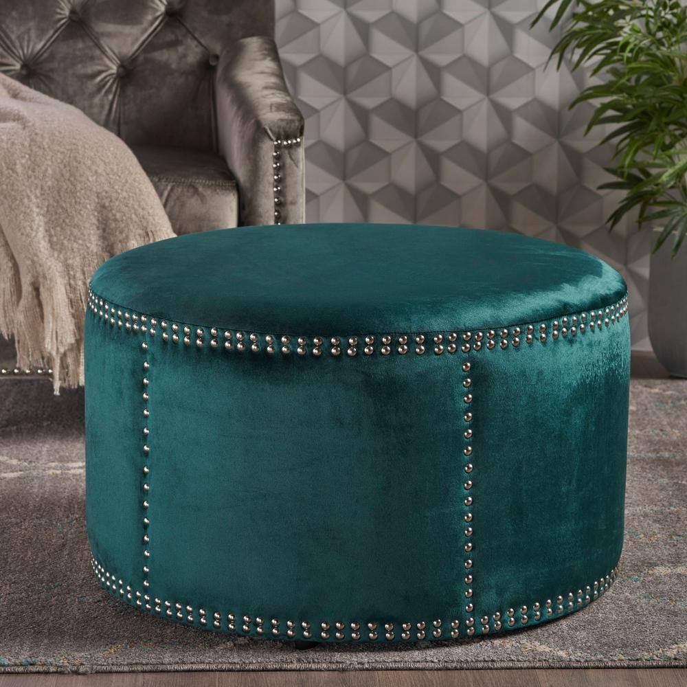 Teal Velvet Round Studded Accent Ottoman