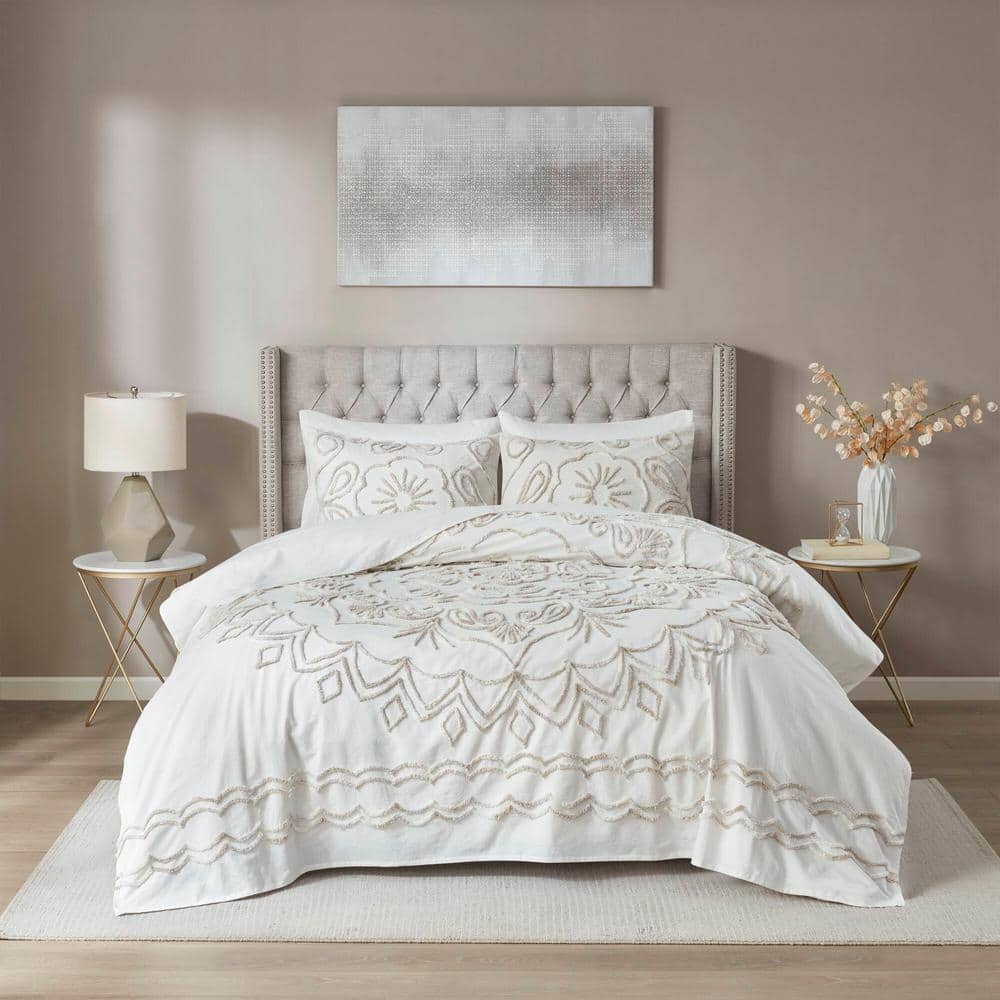 Ivory Full Tufted Cotton Chenille Coverlet Set with Graphic Detail