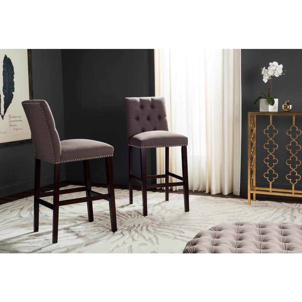Transitional Espresso and Dark Taupe Bar Stools with Silver Nailheads (Set of 2)