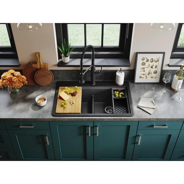 KOHLER Lassen 33 in. Drop-in/Undermount Double Bowl Granite Composite Kitchen Workstation Sink in Matte Black with Accessories