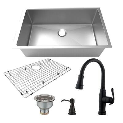 All-in-1 Stainless Steel 32 in. Single Bowl Undermount with Pull-down Faucet in Oil Rubbed Bronze Kitchen Sink Kit