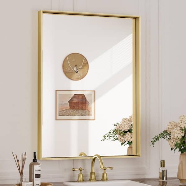 KeonJinn 22 in. W x 30 in. H Rectangular Framed Aluminum Square Corner Wall Mount Bathroom Vanity Mirror in Brushed Brass