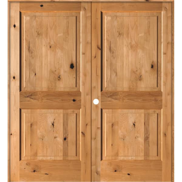 Krosswood Doors 60 in. x 80 in. Rustic Knotty Alder 2-Panel Right-Handed Clear Stain Wood Double Prehung Interior Door with Square-Top