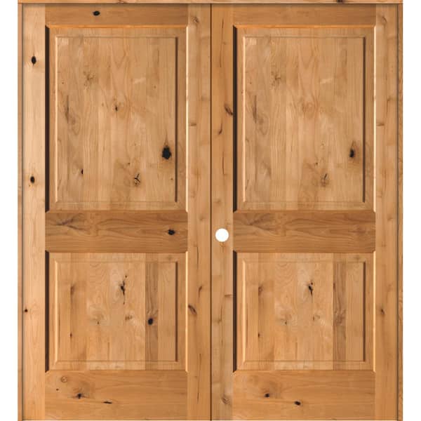 Krosswood Doors 64 in. x 80 in. Rustic Knotty Alder 2-Panel Right-Handed Clear Stain Wood Double Prehung Interior Door with Square-Top