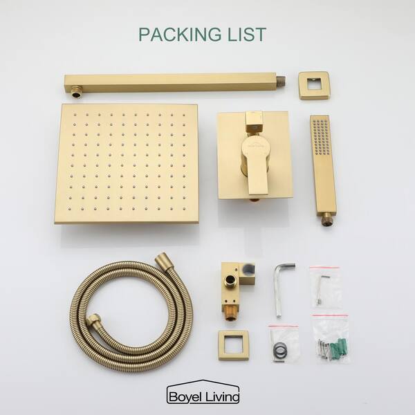 1-Spray Patterns with 2.66 GPM 10 in. Wall Mount Dual Shower Heads with Rough-In Valve Body and Trim in Brushed Gold 1-Spray Patterns with 2.66 GPM 10 in. Wall Mount Dual Shower Heads with Rough-In Valve Body and Trim in Brushed Gold