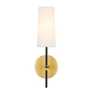 Timeless Home Mercy 4.75 in. W x 15.5 in. H 1-Light Brass and Black and White Shade Wall Sconce