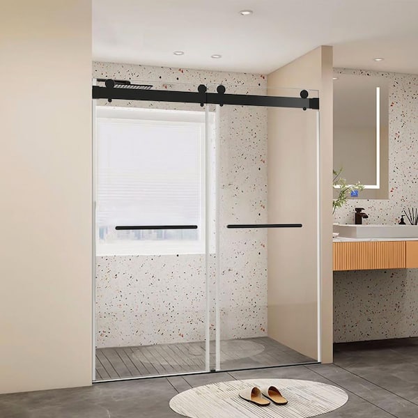 48 in. W x 76 in. H Freestanding Double Sliding Frameless Shower Door /Enclosure in Matte Black Finish