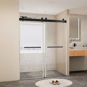 48 in. W x 76 in. H Freestanding Double Sliding Frameless Enclosure Alcove Shower Doors in Matte Black