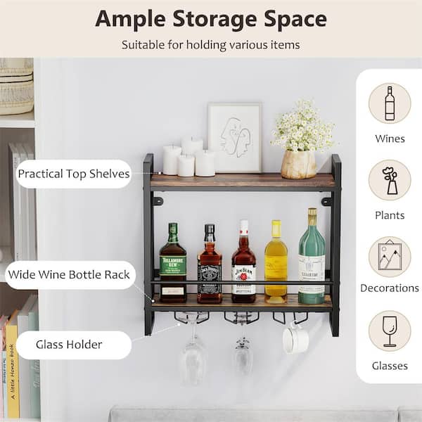 39IN Wall Mounted Wine Rack With Wine Glass Holde, Wall Wine Rack With Industrial Rustic Wood And Iron Frame Large Wine Display Rack Shelf