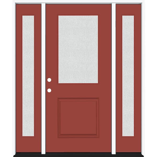 Steves & Sons Legacy 68 in. x 80 in. 1/2 Lite Rain Glass RHIS Primed Morocco Red Finish Fiberglass Prehung Front Door w/Dbl 14 in. SL