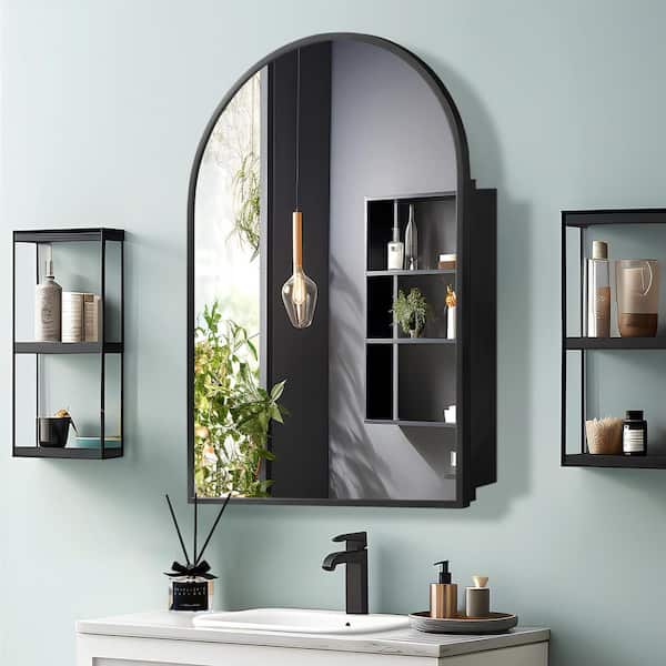 Black Frame Bathroom Mirror Hanging Self Stick Metal Round