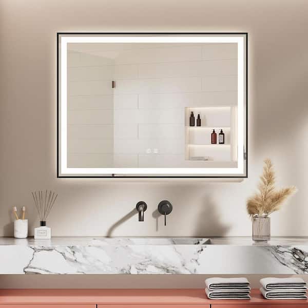 HOMEIBRO 36 in. W x 30 in. H Rectangular Framed LED Light with 3 Color and Anti-Fog Wall Mounted Bathroom Vanity Mirror in Black