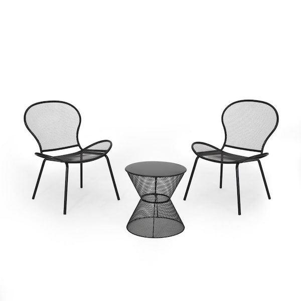 Noble House Nevada Matte Black 3-Piece Metal Outdoor Patio Conversation Set