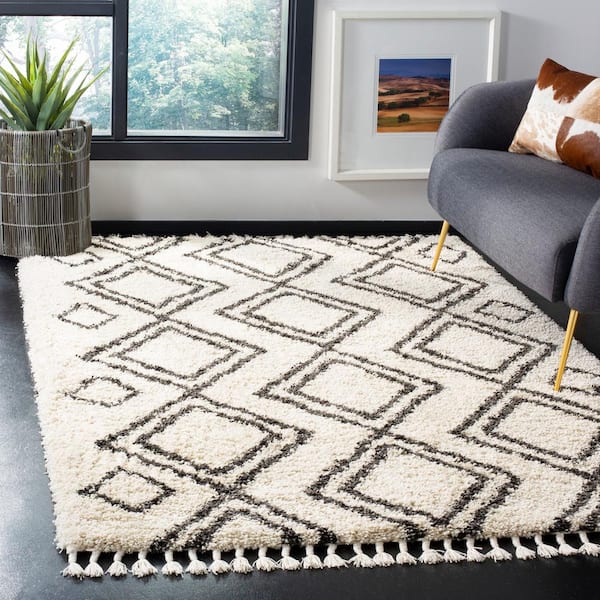 Moroccan Fringe Shag Cream/Charcoal 8 ft. x 10 ft. Tribal Multi-Diamond Area Rug