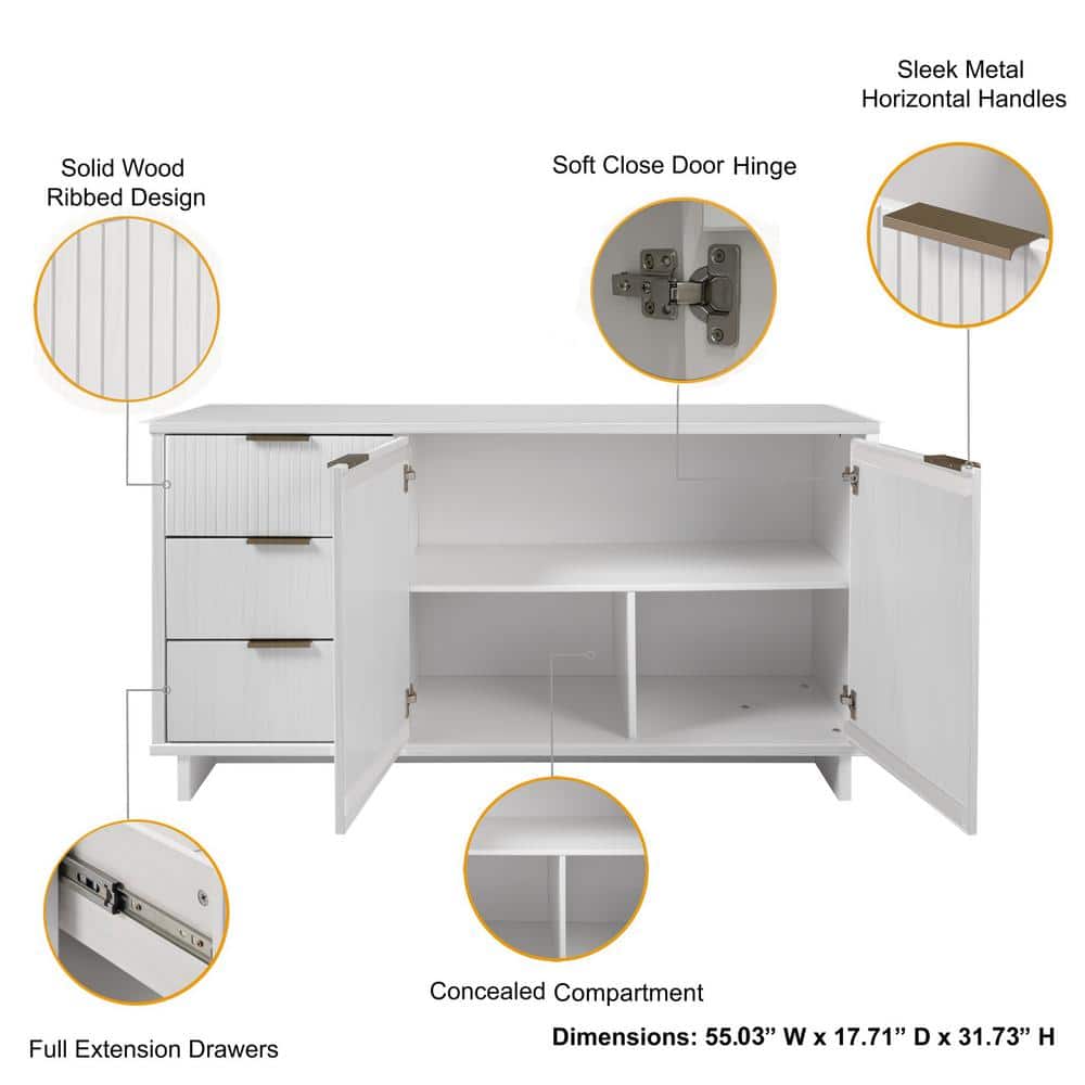 Granville 55" White Modern Buffet Sideboard with Ribbed Drawers