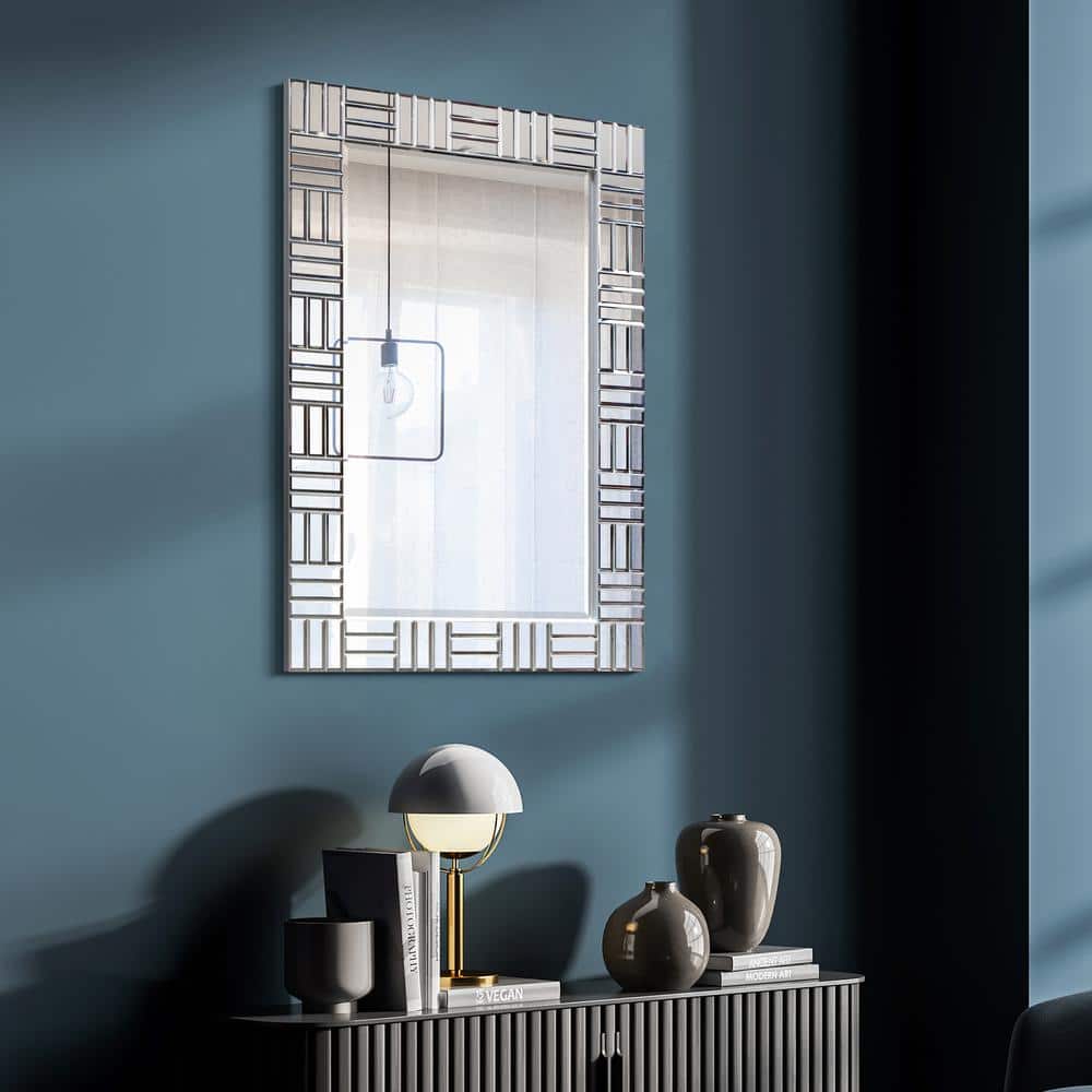 Chrome Subway Tile Rectangular Beveled Wall Mirror with Fir Wood Frame