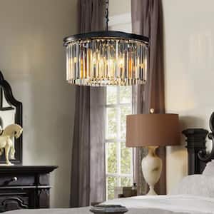 9-Lights Modern 20in. Matte Black 2-Tier Round Chandelier With Clear Crystal
