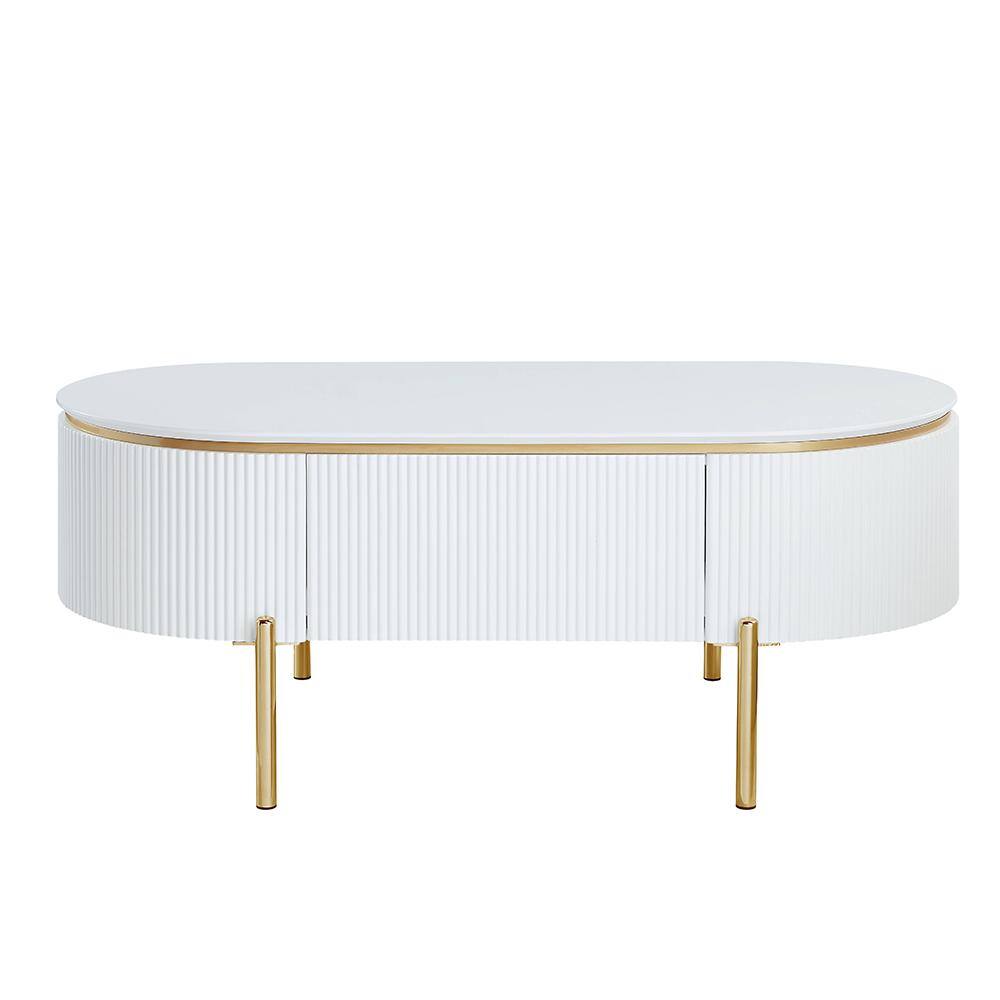 White and Gold Oval Wood Coffee Table with Metal Legs
