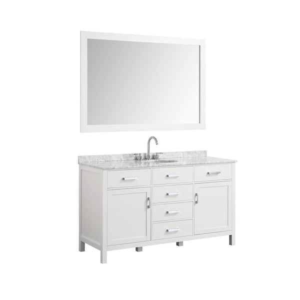 BEAUMONT DECOR Hampton 61 in. Bath Vanity in White with Marble Vanity Top in Carrara White with White Basin and Mirror