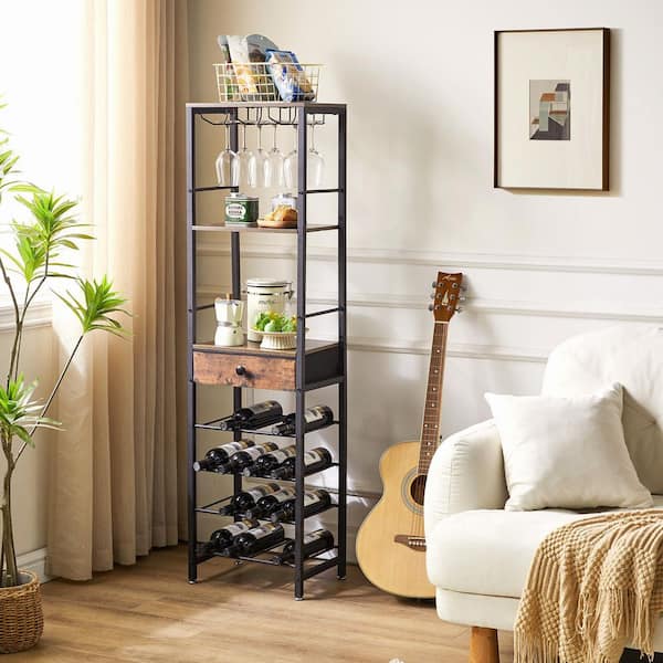Rustic Brown Freestanding Floor Wine Glass Rack 4 Tier Storage Shelves with Drawer for Home Bar Kitchen