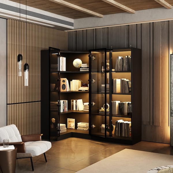 Black Wood 63 in. W Display Cabinet Corner Cabinet with Glass Doors, 3 Colors LED Lights