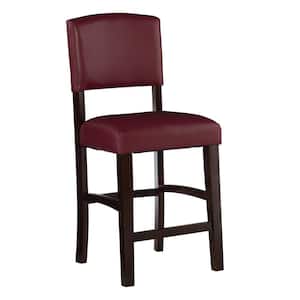 Mary 24.17 in. Seat Height Espresso Brown High Back Wood Frame Counterstool with Red Faux Leather Seat