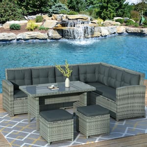 Brown 6-Piece Wicker Patio Furniture Set Outdoor Sectional Sofa with Gray Cushions Glass Table