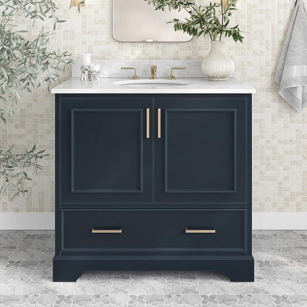 ARIEL Stafford 37 in. W x 22 in. D x 35.25 in. H Single Sink Bath Vanity in Midnight Blue with Carrara White Marble Top