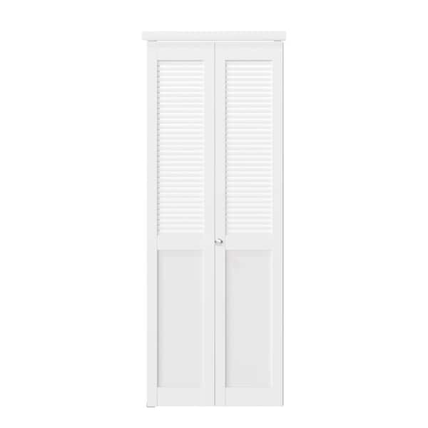 28 in. x 80 in. Solid Core MDF Wood White PVC Covering Half Louver Half Panel MDF Bi-Fold Door with Hardware Kits