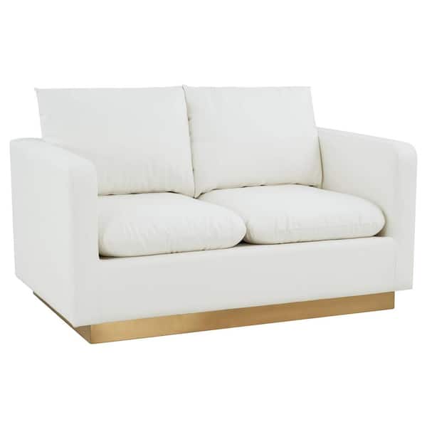Leisuremod Nervo 56 in. White Mid-Century Modern Upholstered Faux Leather 2-Seat Loveseat with Gold Frame