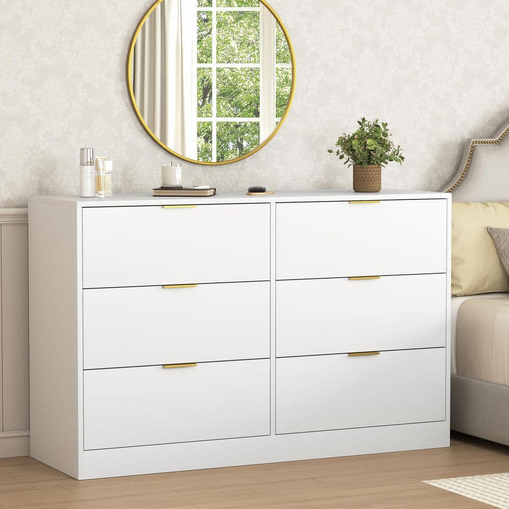Sotsona White Wood 6-Drawer 47.2 in. W Chest of Drawers, Large Storage Cabinet