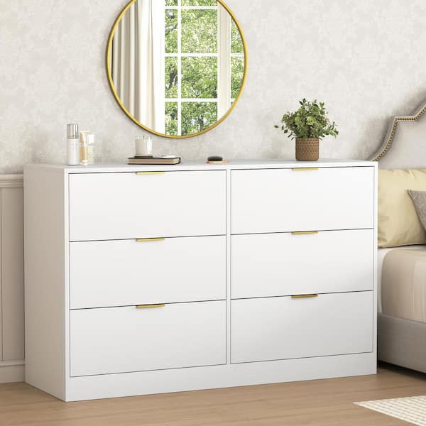 Sotsona White Wood 6-Drawer 47.2 in. W Chest of Drawers, Large Storage Cabinet