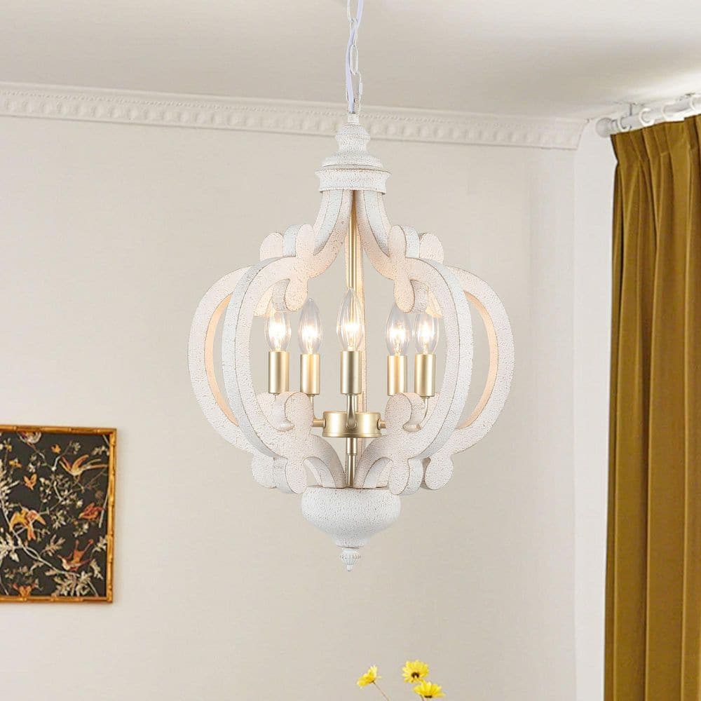 ZJVAIVE 5-Light Vintage Gold/White Wood Dimmable Farmhouse Candle