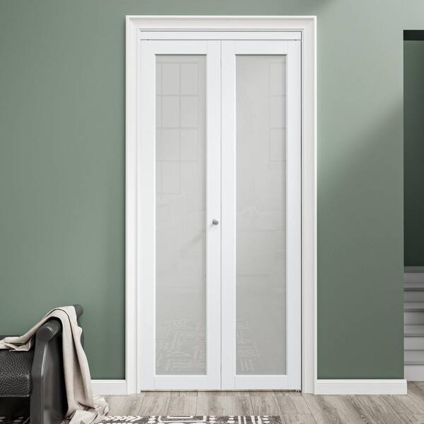 36 in. x 80 in. 1-Lite Frosted Glass Solid Core MDF White Finished Closet Bi-Fold Door with Hardware
