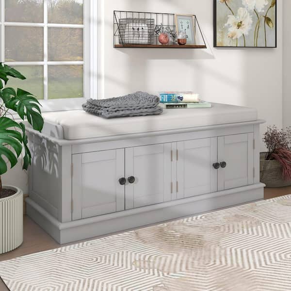 LUCKY ONE 17.4 in. H x 42.7 in. W Gray Solid Wood Shoe Storage Bench with 4-Doors, Adjustable Shelves and Removable Cushion