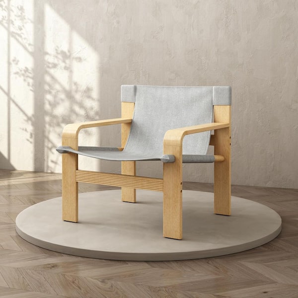 Myrtle Mid-Century Light Grey and Oak Linen Fabric Accent Arm Chair, Solid Wood Frame