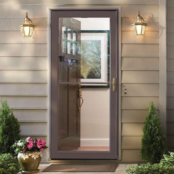 3000 Series 36 in. x 80 in. Terratone Right-Hand Retractable Aluminum Storm Door with Brass Hardware