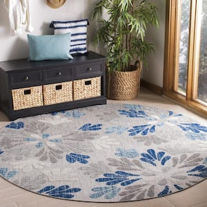 Cabana Gray/Blue 7 ft. x 7 ft. Geometric Floral Indoor/Outdoor Patio  Round Area Rug