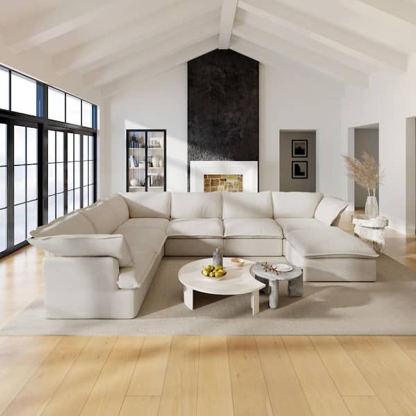 162.9 in. Oversized 7-Piece Flared Arm Linen Feather Modular Free Combination Sectional Sofa with Storage Ottoman Beige