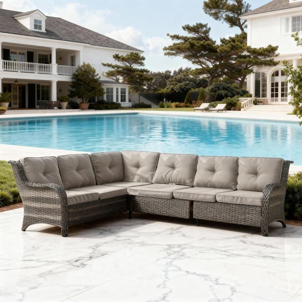 1-Piece Gray Wicker Patio Conversation Outdoor Couch, Sectional Sofa with Gray Cushions