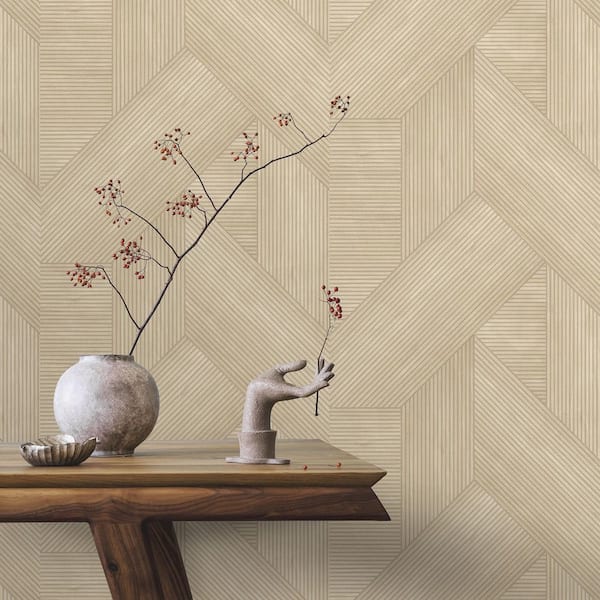 Sculpted Chevron Wood Panels Beige Wallpaper Sample