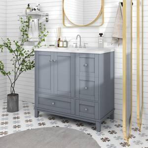 Ami 36 in. W Gray Freestanding With White Resin Top Bathroom Vanity Cabinet With USB Charging and 3 Drawers