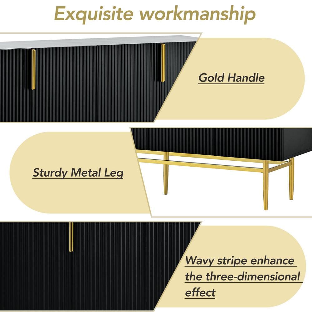 Black Wood 60 in. Modern Sideboard with Gold Handles and Legs